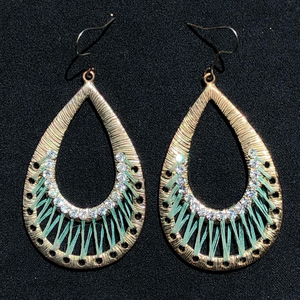 Gold earrings with rhinestone and turquoise
